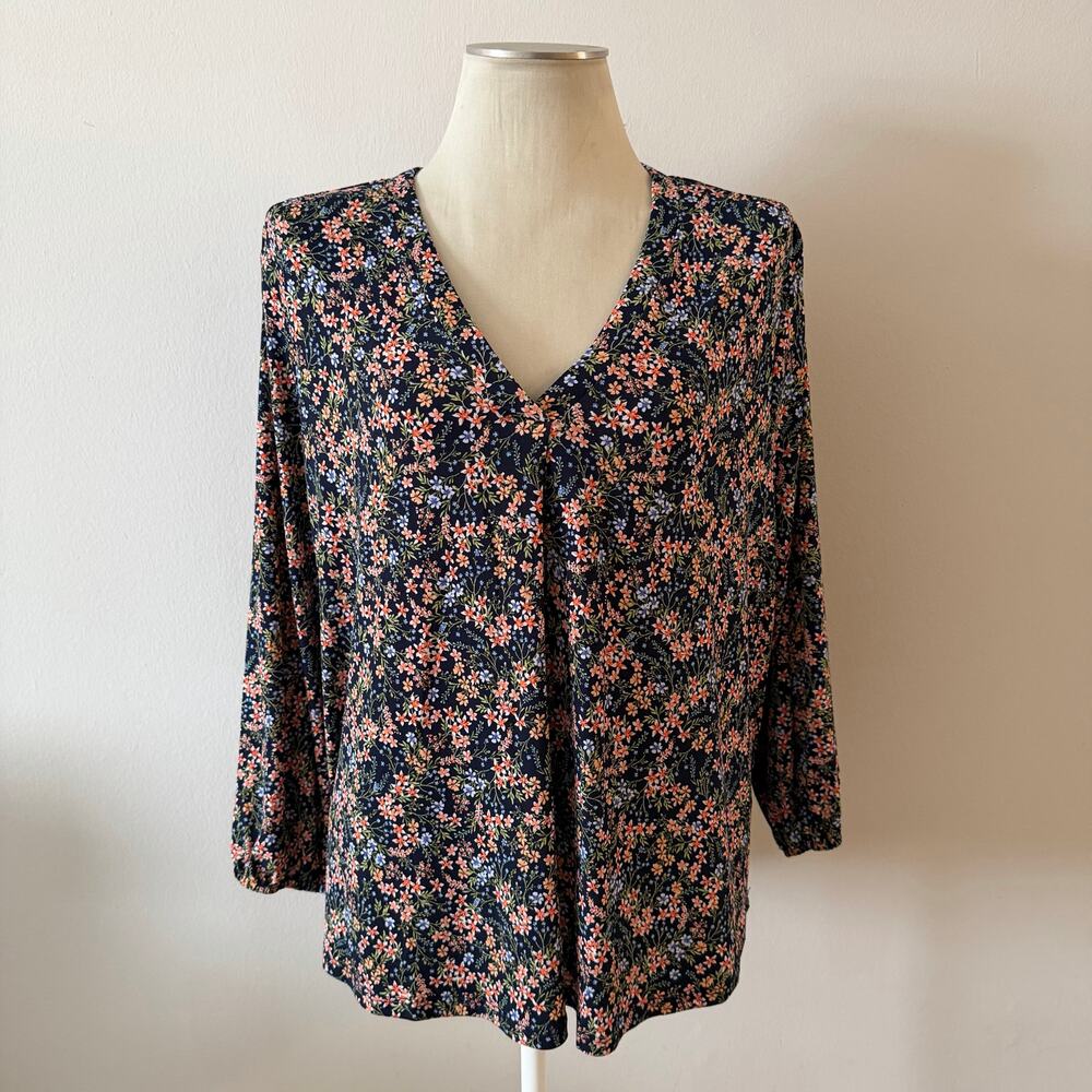 Vince Camuto Navy Blue Floral Peasant Sleeve Stretch Blouse Plus Sz XXL